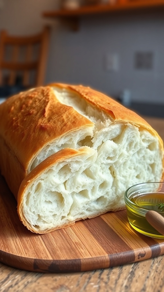 Quick Rise Homemade Bread Recipe Freshly baked homemade bread loaf sliced on a wooden board with olive oil and herbs.